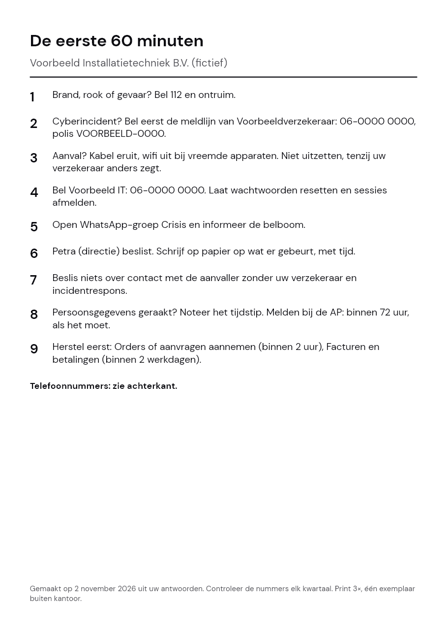Voorkant van de voorbeeldkaart: de eerste 60 minuten in negen genummerde stappen.